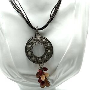 Donut Shaped Pewter Choker Dangling Acrylic Beads Waxed Vegan  Leather